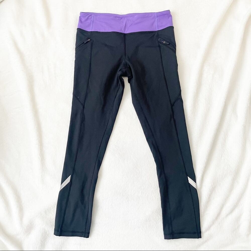 Lululemon Athletica black purple band leggings size 6 zipper pockets Athleisure